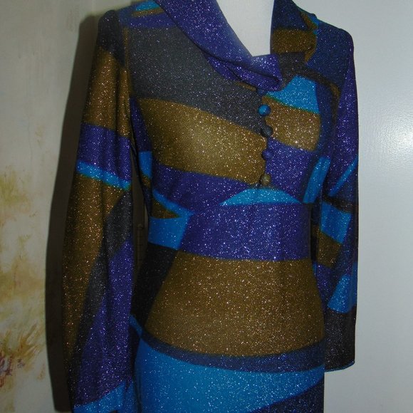 Englands " Mary Wilson" Vintage 70's Maxi Sexy Metallic Dress M Studio 54 Blue - Picture 3 of 12
